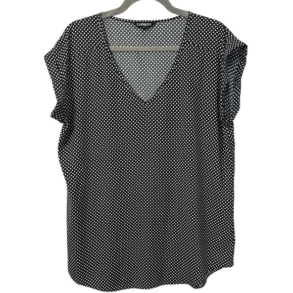 Express Tops - Express V-Neck Rolled SleevePolka Dot Blouse